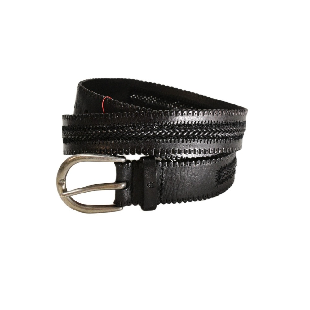 Modern Calvin Klein Braided Leather Belt Mens L Black Scalloped Edge Buckle